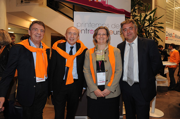 74. Bernard Fontanel, président du Medef Lyon Rhône, Gérard Collomb, sénateur-maire de Lyon, Stéphanie Paix (Caisse d’Epargne) et Jean-Christophe Larose (Groupe Cardinal)