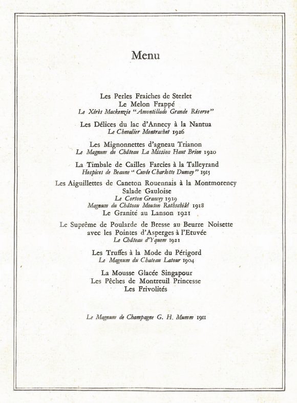 Le menu original, servi le 21 juillet 1938 à la Galerie des Glaces de Versailles, à l'occasion de la visite du roi Georges VI et de la reine Elizabeth en France