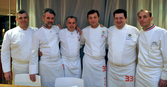 28. Laurent Bouvier, président des Toques Blanches lyonnaises, Mathieu Viannay (Mère Brazier), Joseph Viola (Daniel & Denise), Frédéric Berthod (33 Cité), Christophe Marguin et Davy Tissot (Villa Florentine)