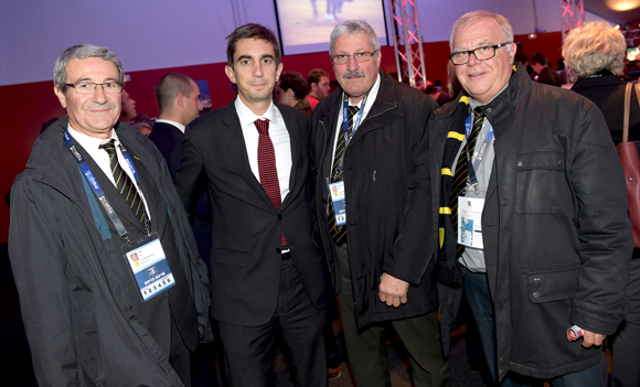 6. Pierre Gabas (US Carcassonne), Yann Roubert, président du LOU Rugby, Gérard Laguzou et Bernard Arnes (US Carcassonne)