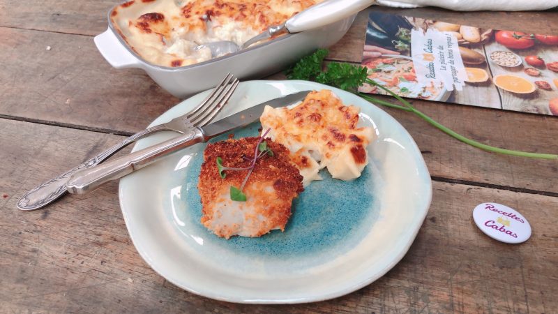 Filet de poisson en crumble de chorizo – Gratin de chou-fleur